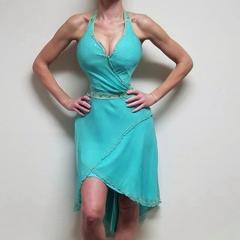 Vintage 90s Laundry by Shelli Segal Aqua Silk Chiffon Sequin T-Back Hi-low Dress - Picture 2 of 16